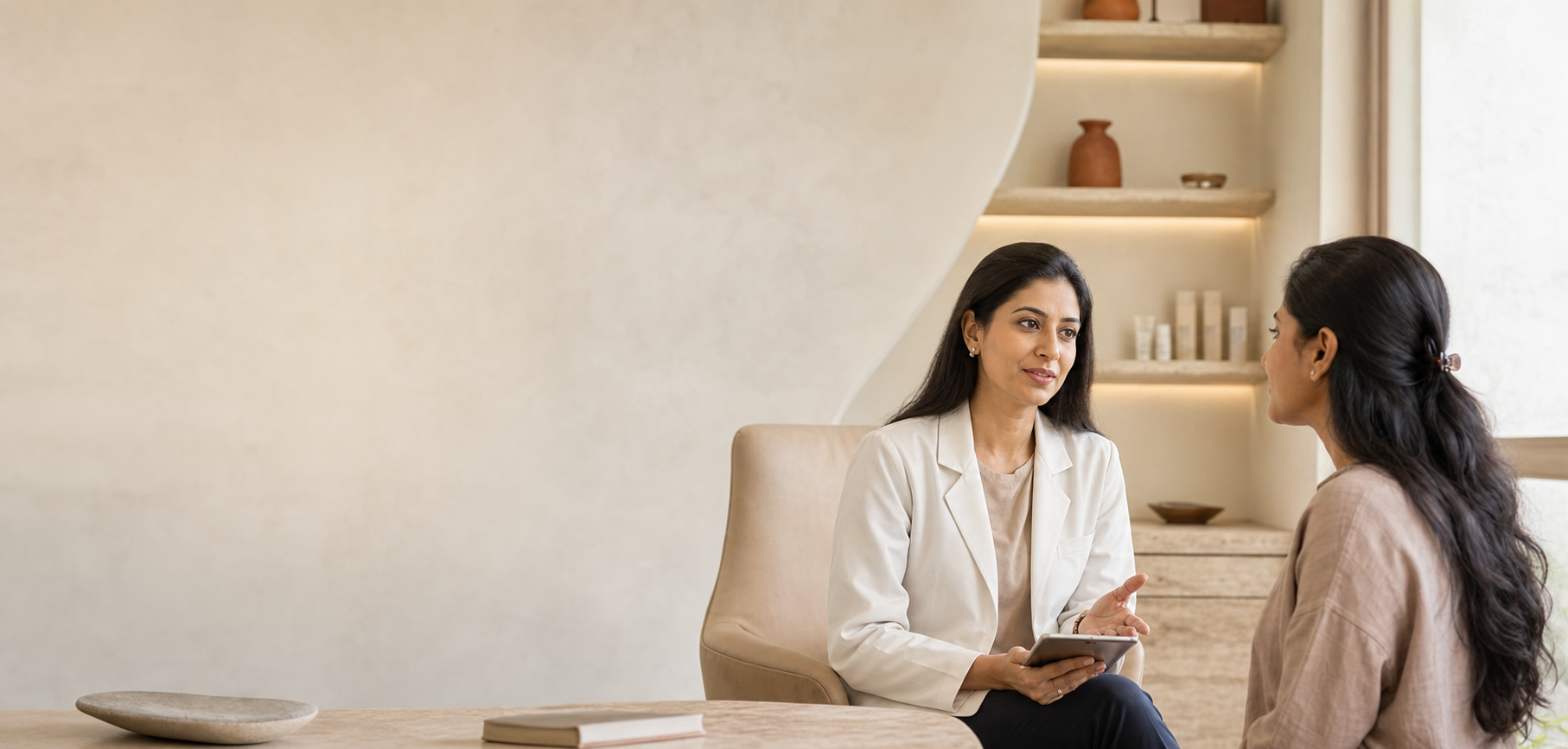 Dermatologist having a thoughtful consultation with a patient