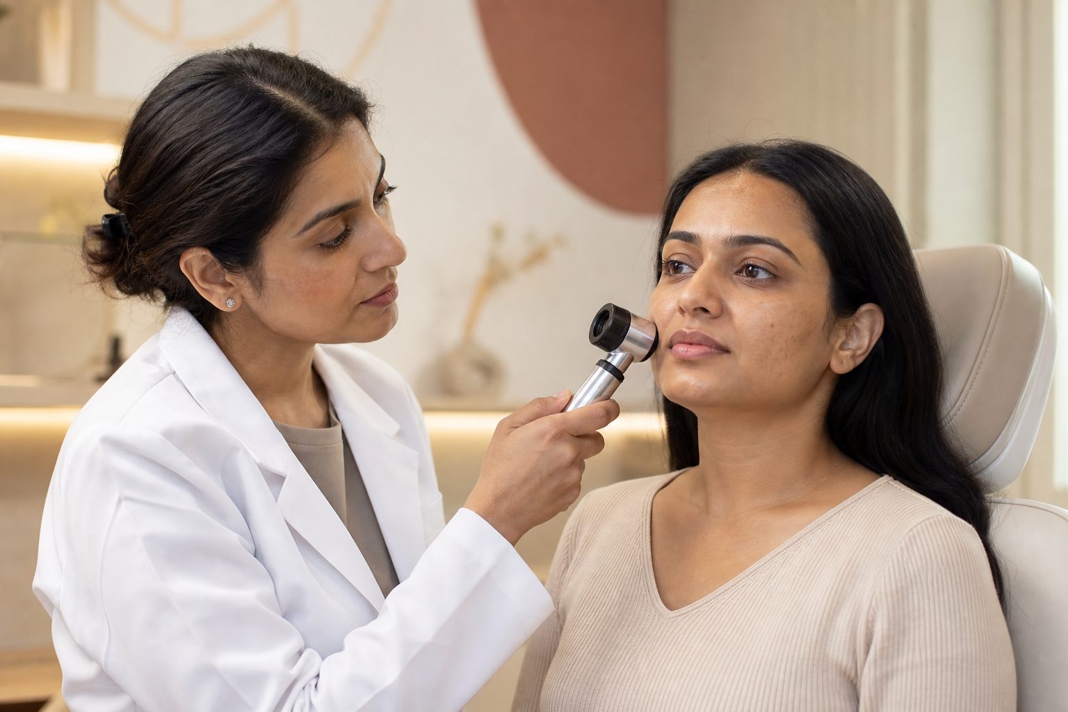 Dermatologist performing a detailed facial skin assessment