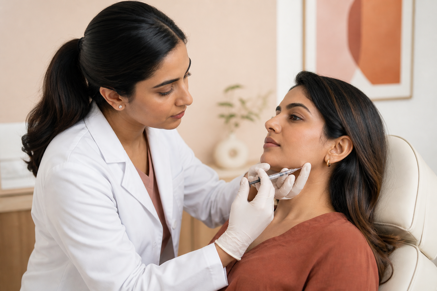 Dermatologist assessing facial contouring options with a patient