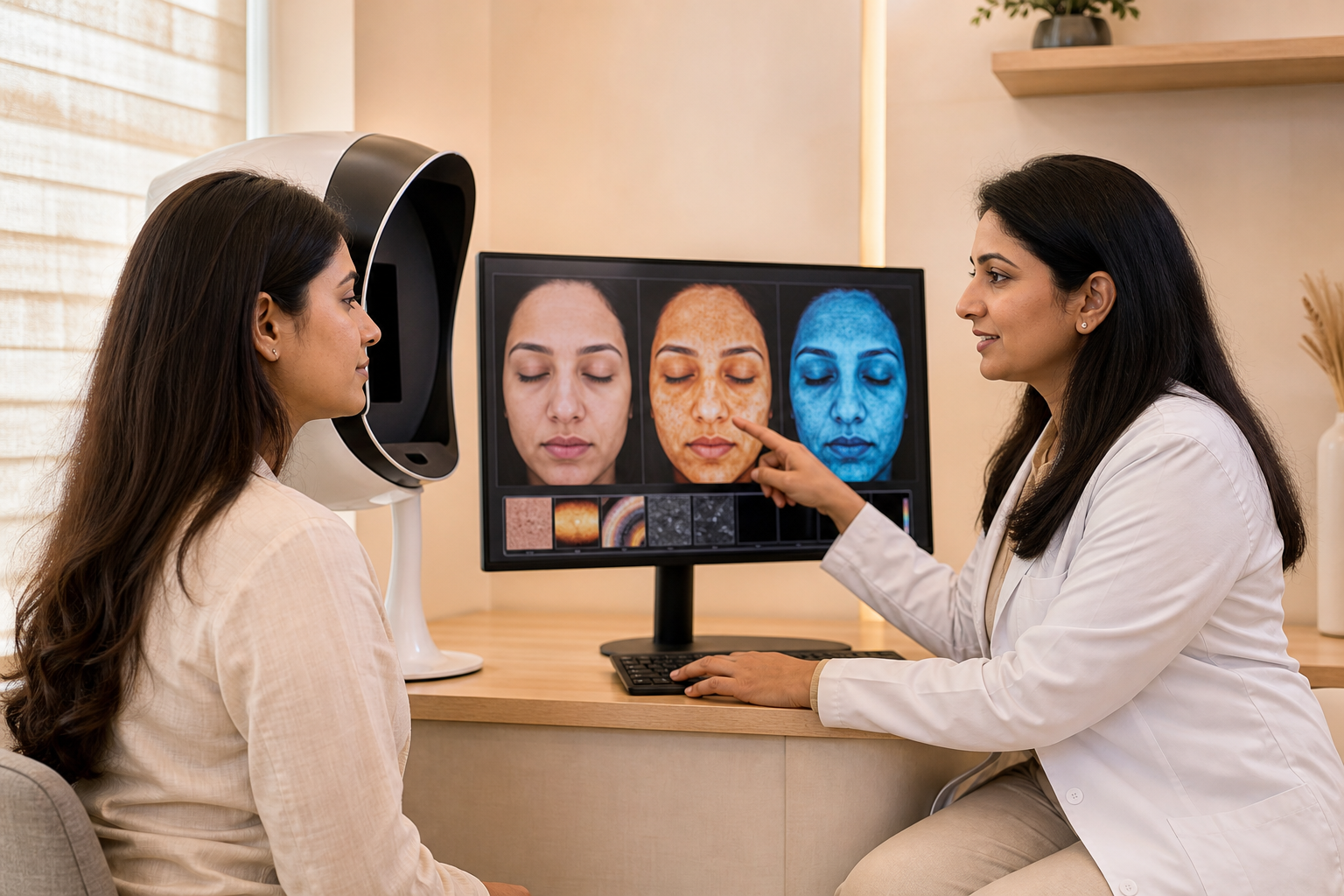 Dermatologist reviewing detailed skin imaging during consultation
