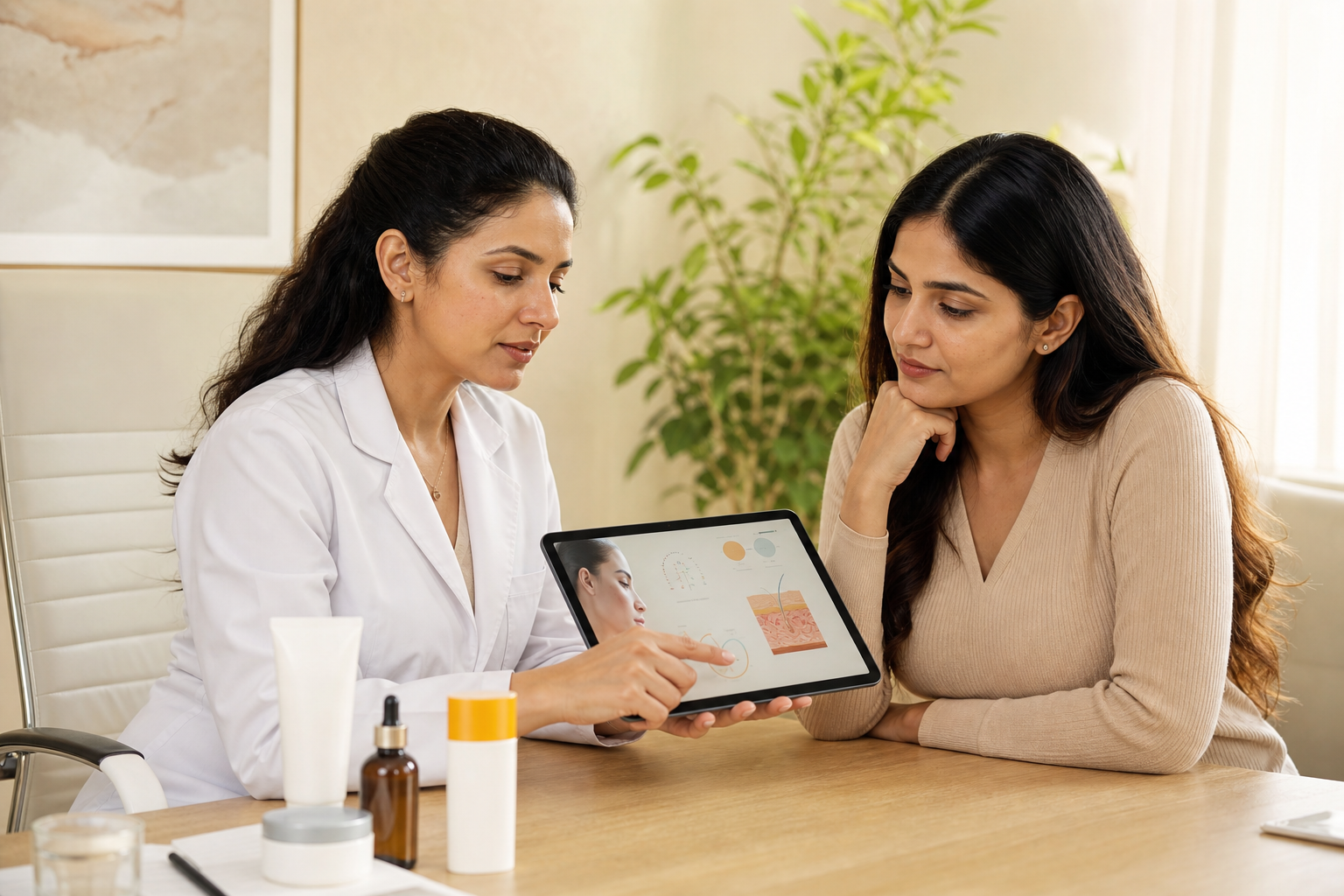 Dermatologist reviewing a personalised skincare plan with a patient