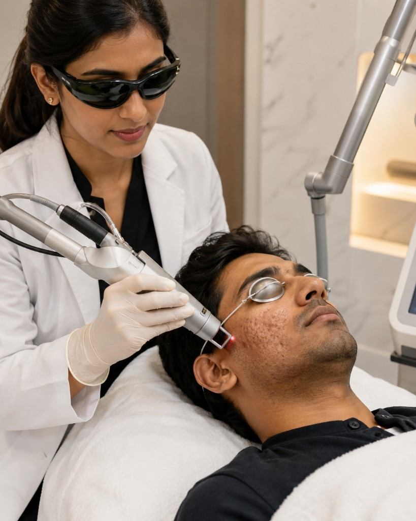 Dermatologist performing fractional laser scar treatment on a patient