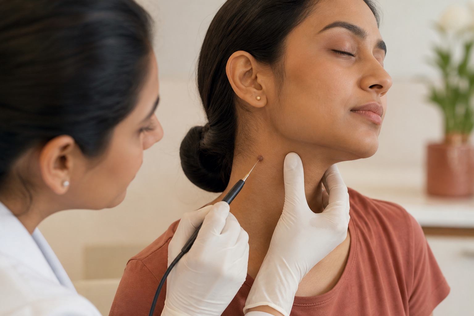 Dermatologist explaining a minor skin procedure to a patient