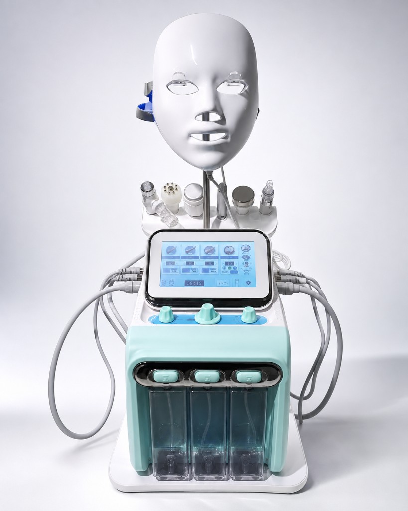Multi-function facial treatment platform with LED mask and handpieces